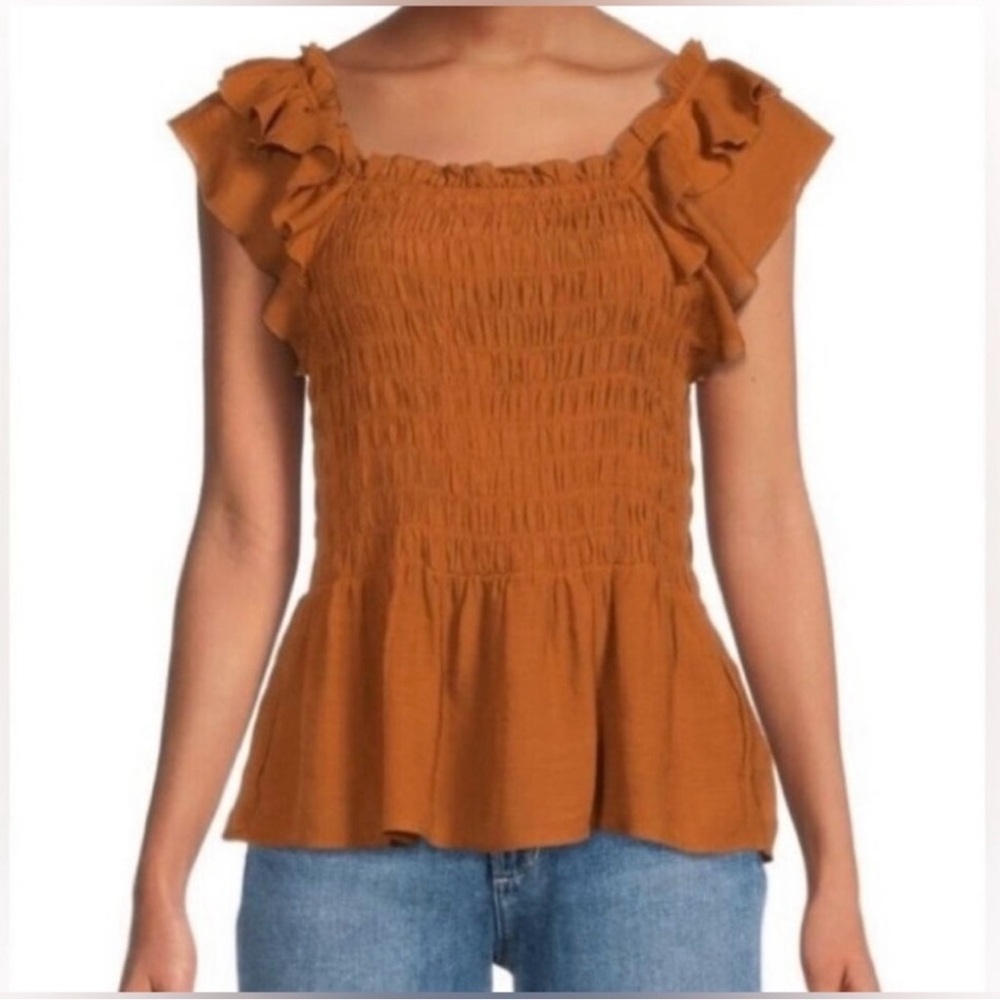 NAME YOUR PRICE • Nanette Lepore Ruffled Smocked Brown Tan Top Size M